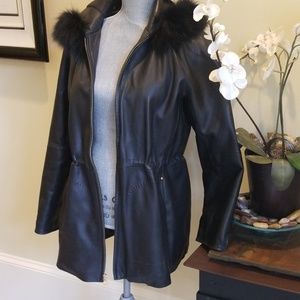 Ellen Tracy leather fur trim hooded coat